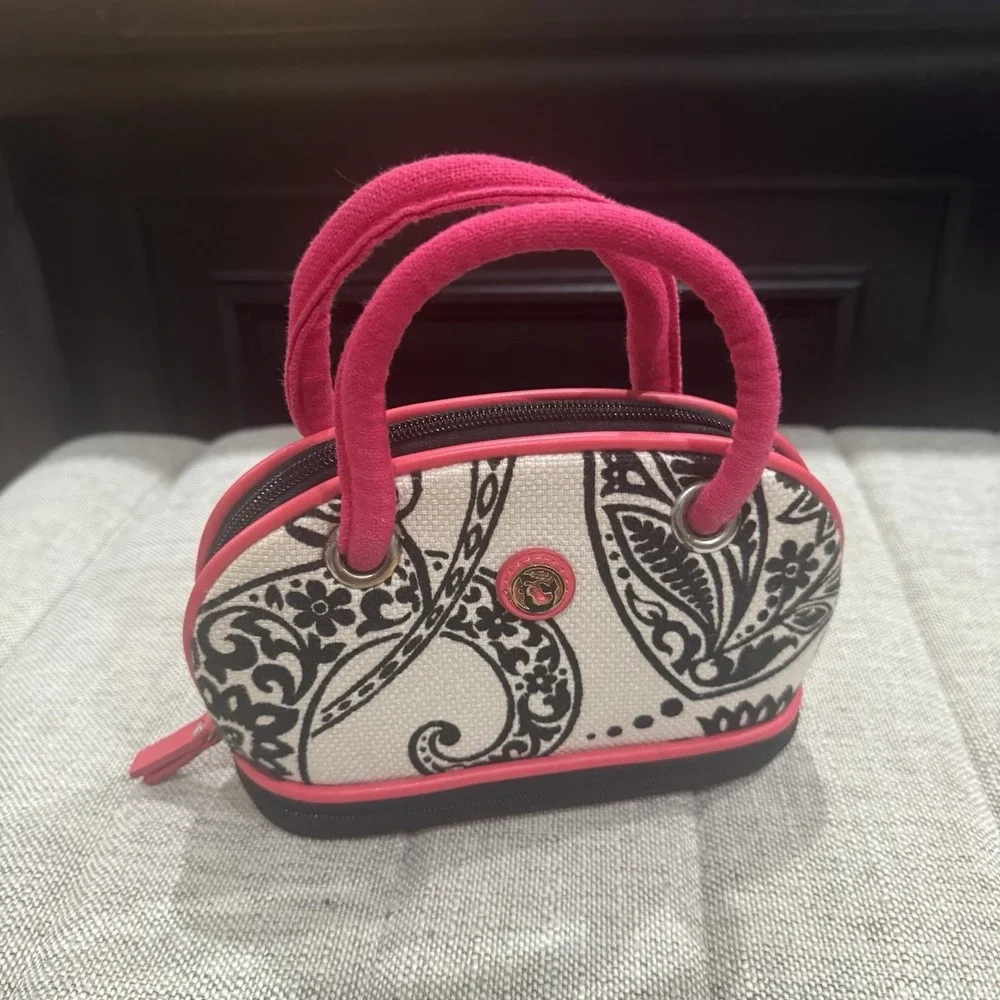 Spartina Makeup Purse Bag 449 Black‎ Tan Pink Linen Small Zip Close Travel